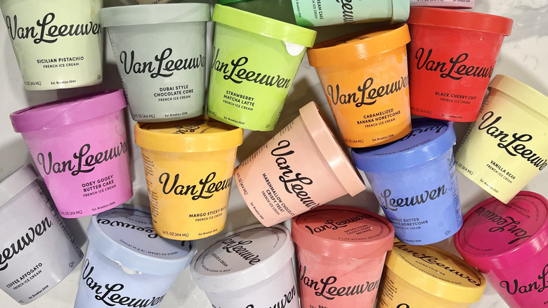Top view of several different Van Leeuwen pint flavors on a countertop