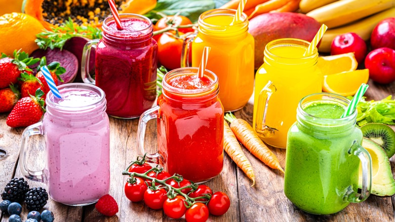 Jars of brightly-colored smoothies