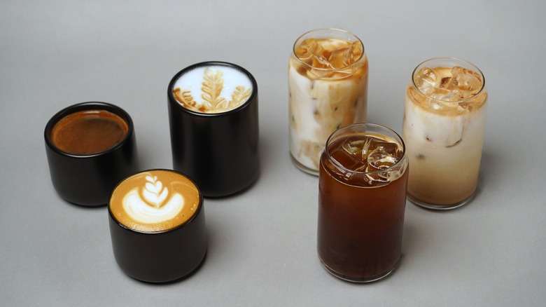array of hot and iced coffee drinks