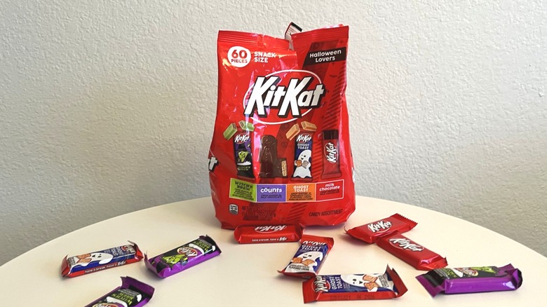 Open bag of KitKat variety pack on table