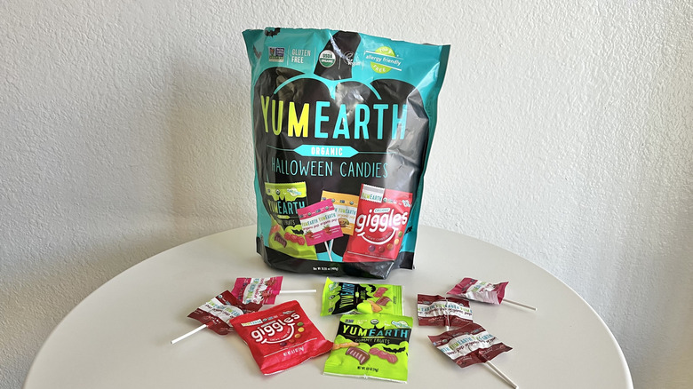 YumEarth Halloween organic candies variety bag with candies on table