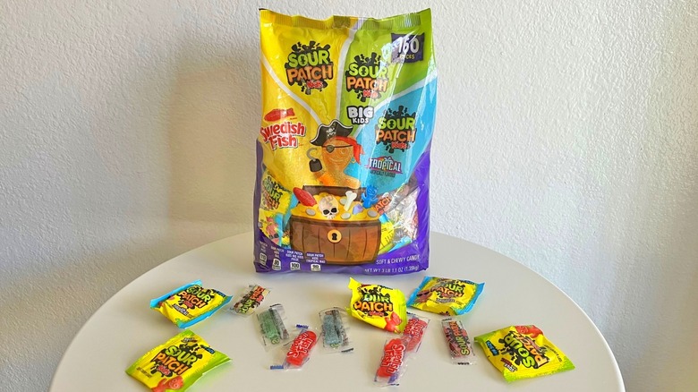 Bag of Sour Patch Kids variety pack on a table