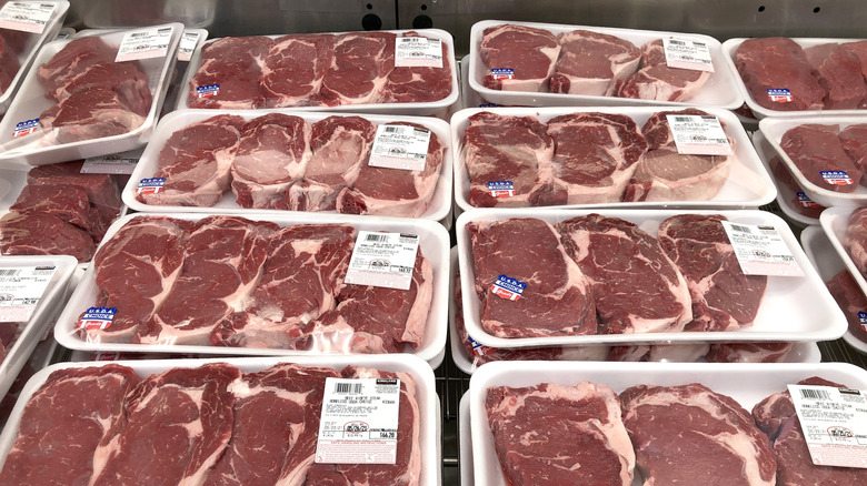 Costco beef packages arranged in a display