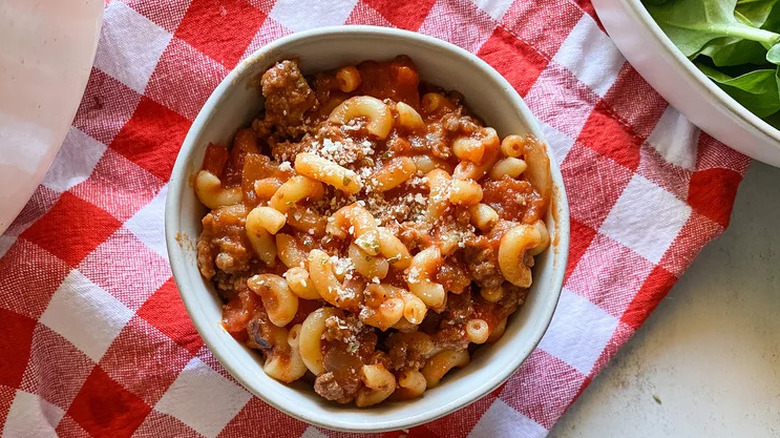 Top view of a bowl of American Chop Suey