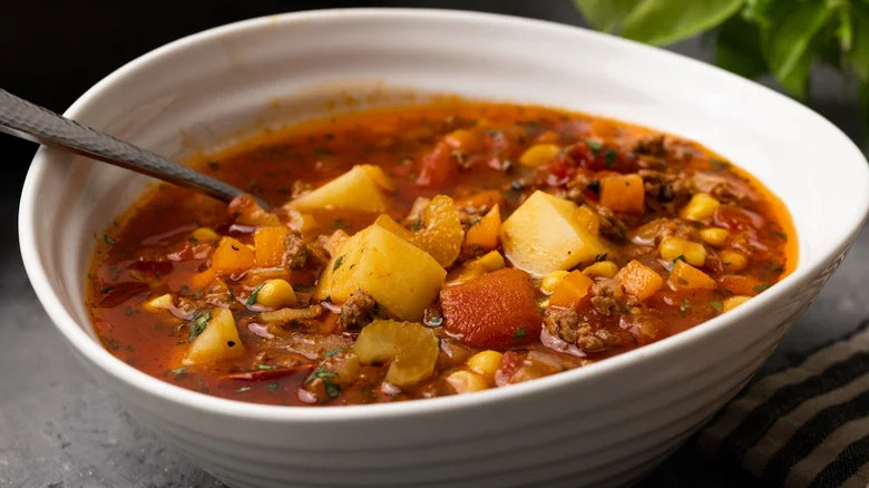 White bowl with Rib-Sticking Hamburger Soup Recipe
