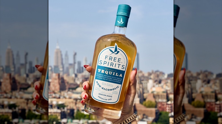 Hand holding bottle of Free Spirits tequila in front of city skyline background