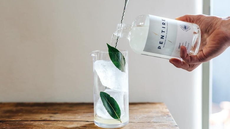 Hand pouring bottle of Pentire Adrift into highball glass with two leaves