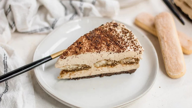 Tiramisu Cheesecake on white plate