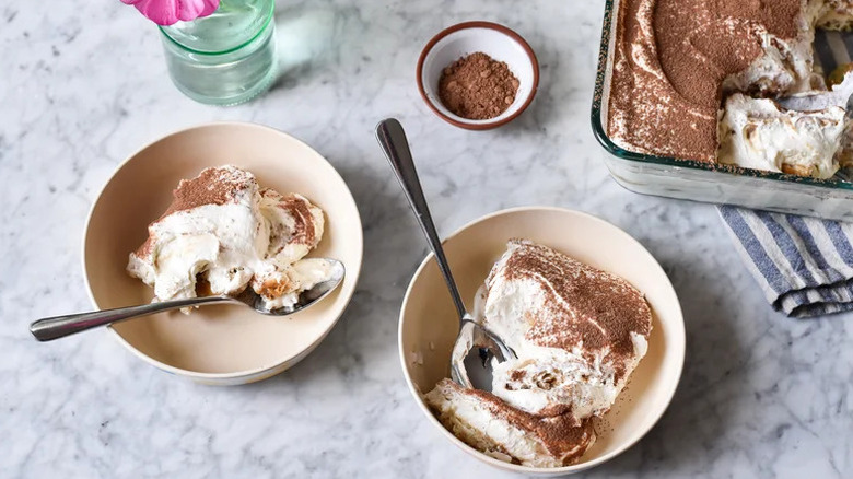 Vegan-Friendly Tiramisu in beige bowls on countertop