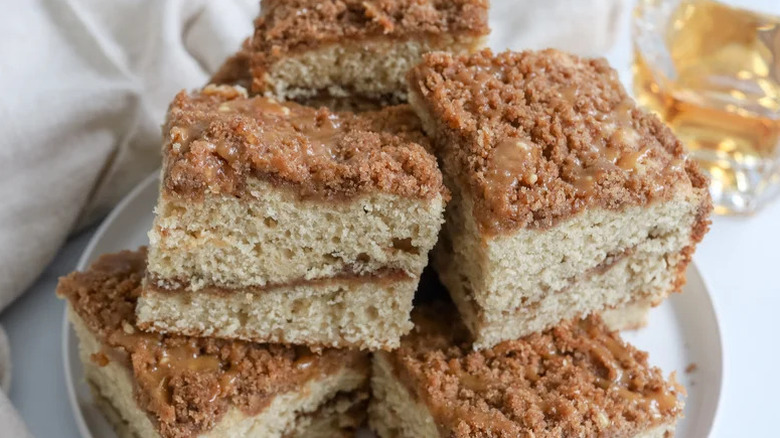 Whiskey Caramel-Glazed Coffee Cake stacked on white plate