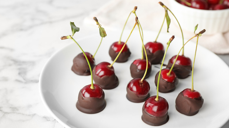Dark cherries dipped in chocolate
