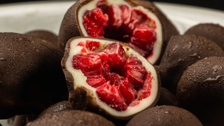 Close up of chocolate-covered raspberries