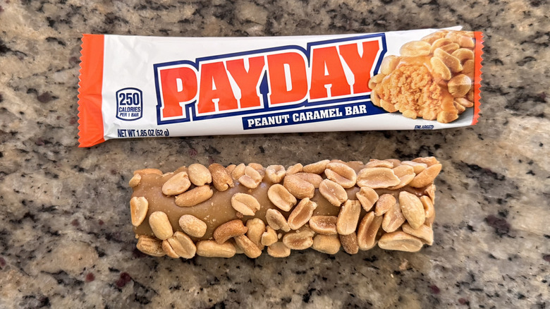 payday candy bar on counter with wrapper