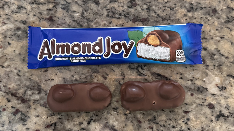 almond Joy candy bar pieces on counter by wrapper