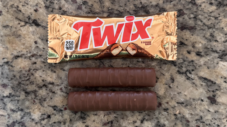 twix candy bar pieces on counter next to wrapper