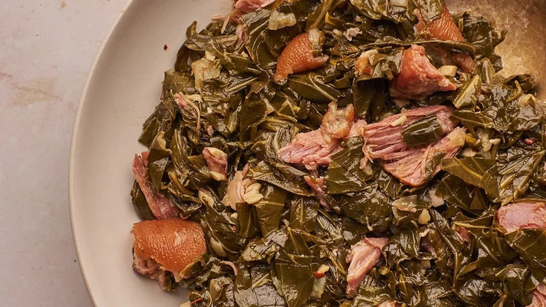 Close up of classic southern collard greens with ham