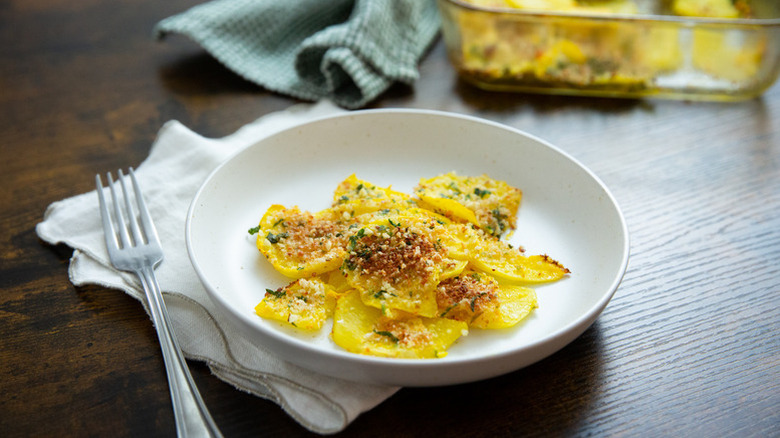 Portion of turnip gratin in white bowl
