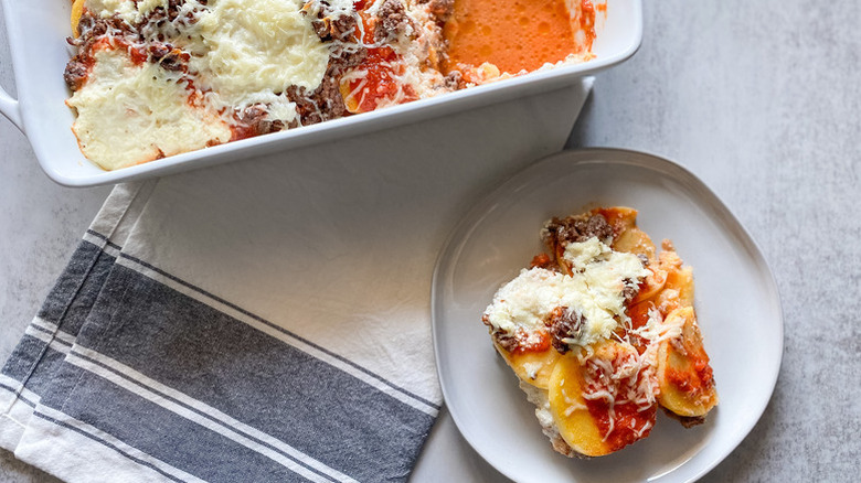 Polenta lasagna served from baking dish onto plate