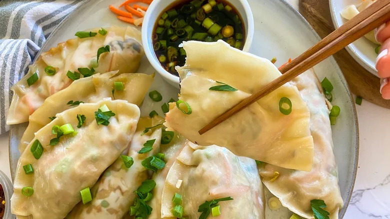 Homemade Veggie Potstickers on plate and in chopsticks