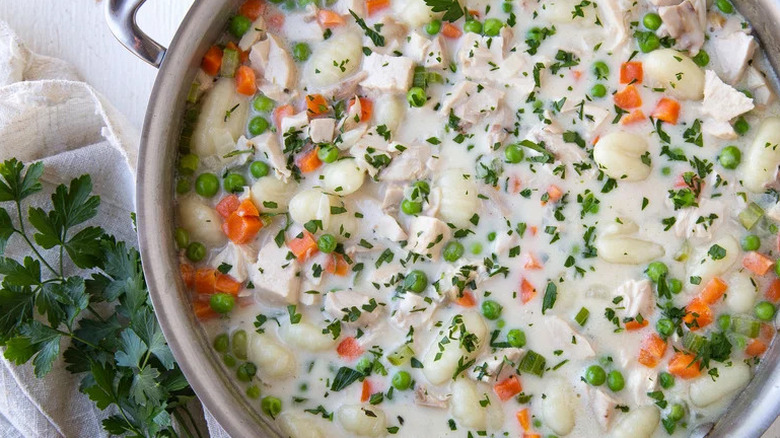 Shortcut Chicken and Dumplings in silver pot