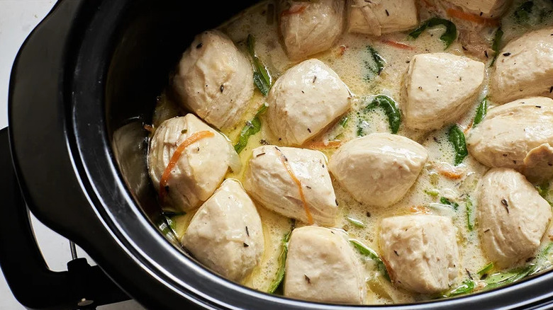 Slow Cooker Chicken and Dumplings in black slow cooker
