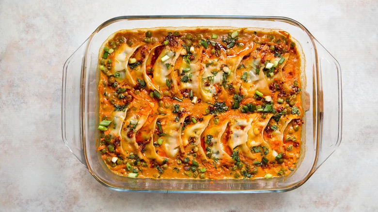 Trader Joe's Dumpling Bake in glass baking dish