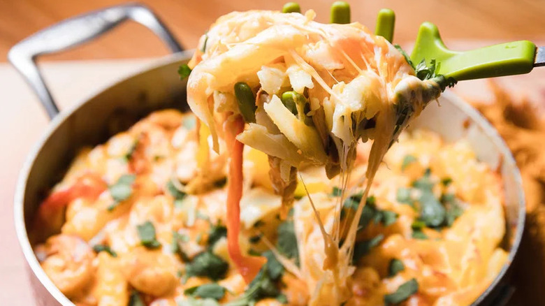 Shrimp Fajita Pasta Bake on spoon