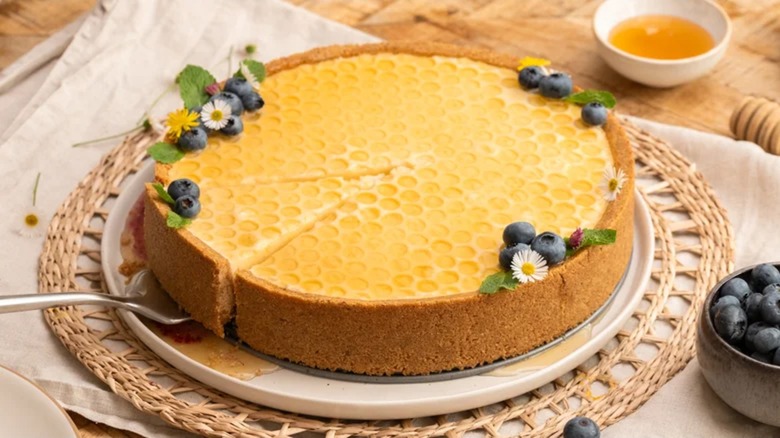 Blueberry elderflower honeycomb pie with blueberries