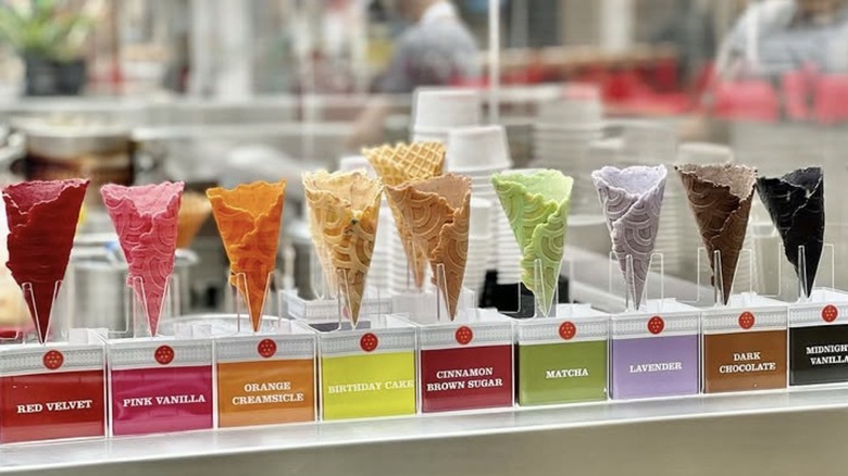 Lineup of colorful cones at Flower and Cream at Post in Houston Texas