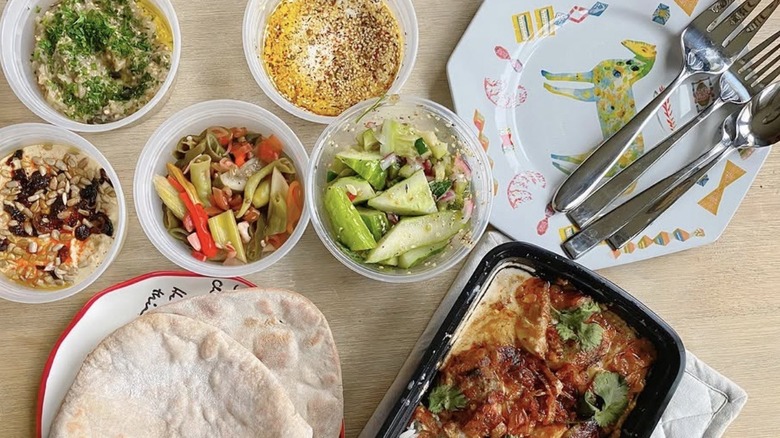 Overhead view of food selections at Nancys Hustle in Houston Texas