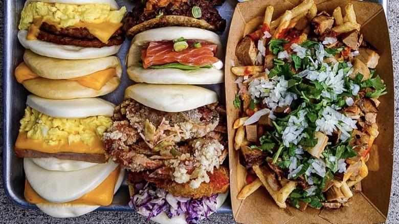 Overhead view of tray of steamed buns at Fat Bao in Houston Texas