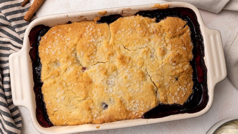 Cherry cobbler in baking dish