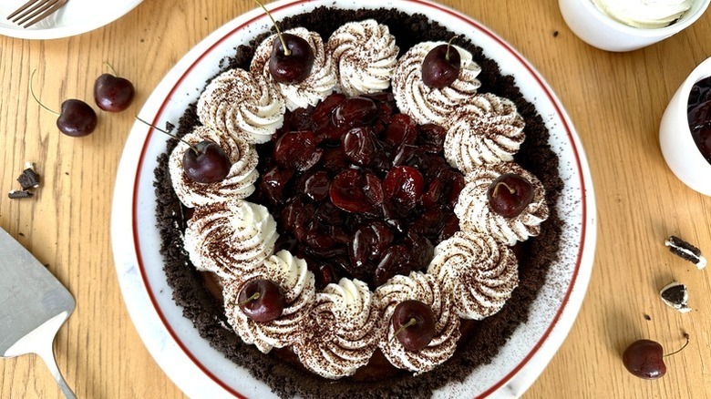 Black forest cream pie with oreo crust on plate