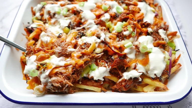 Pork loaded French fries on blue and white tray topped with meat, sauce, and onions