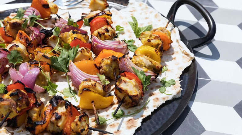 Grilled Chicken and Vegetable Kebabs on lavash bread
