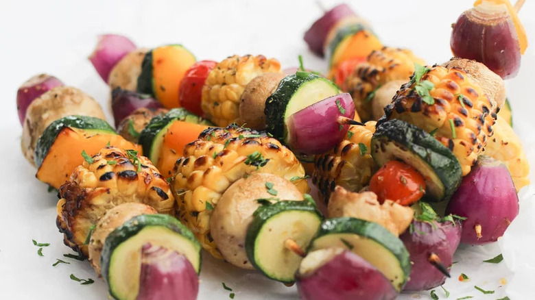 Grilled Veggie Kabobs on white background