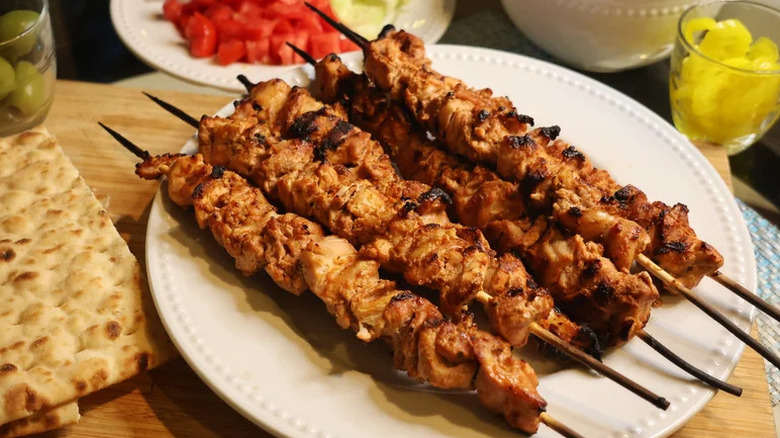 Juicy Turkish Chicken Kebabs on white plate