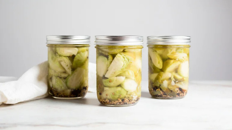 Crunchy Pickled Brussels Sprouts in three glass jars
