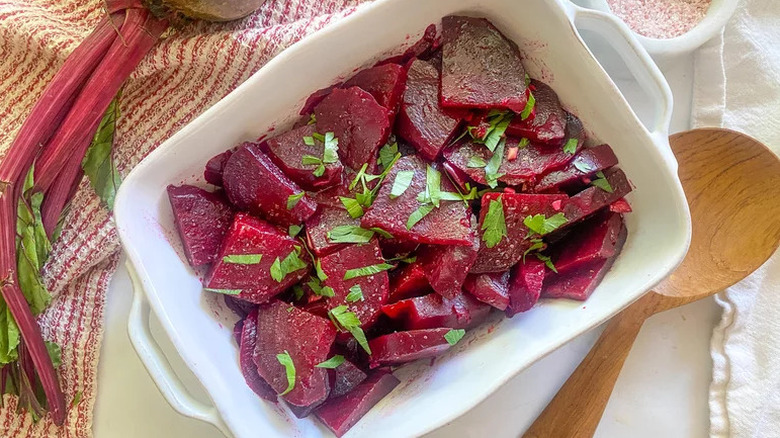 Easy Pickled Beets in white baking dish
