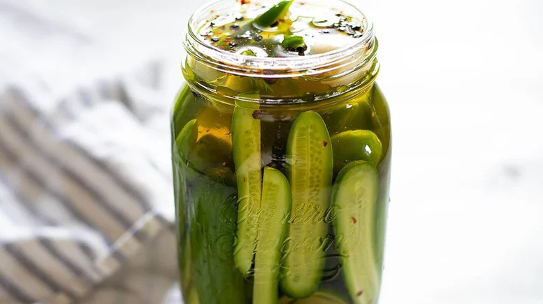 Homemade Refrigerator Pickles in glass mason jar