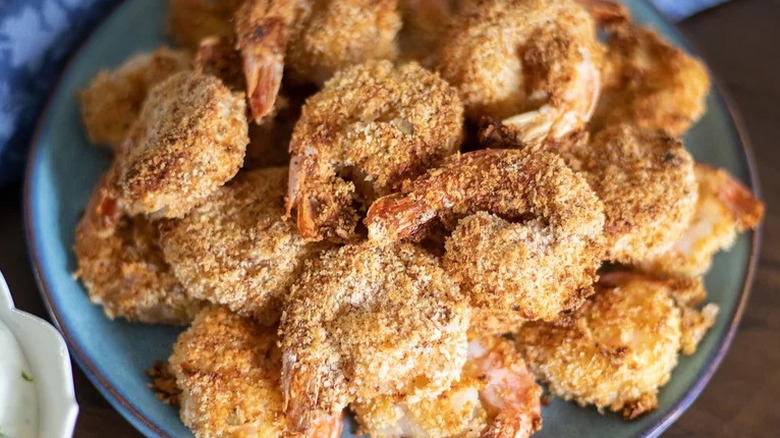 Air Fryer Spicy Shrimp in small blue bowl