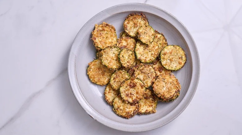 3-Ingredient Air Fryer Zucchini Chips on white plate