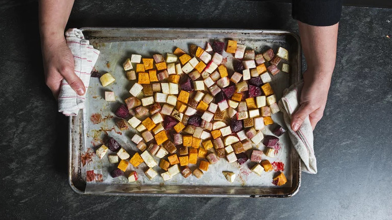 Bacon-Roasted Roots with Rosemary Honey on sheet pan