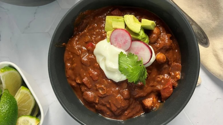 Bowl of chicken mole-ish chili