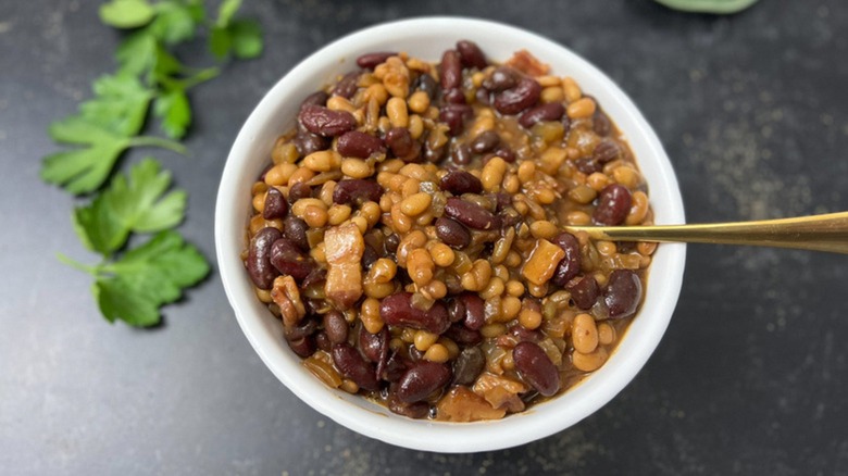 Slow cooker baked beans in bowl