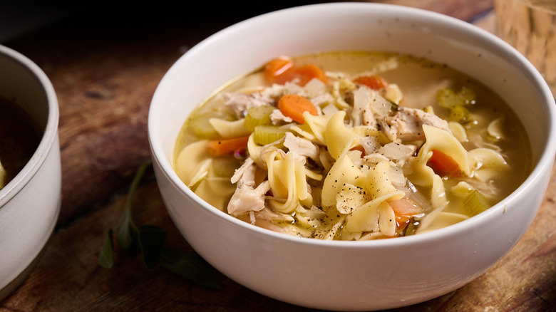 Bowl of chicken, vegetable, and noodle soup