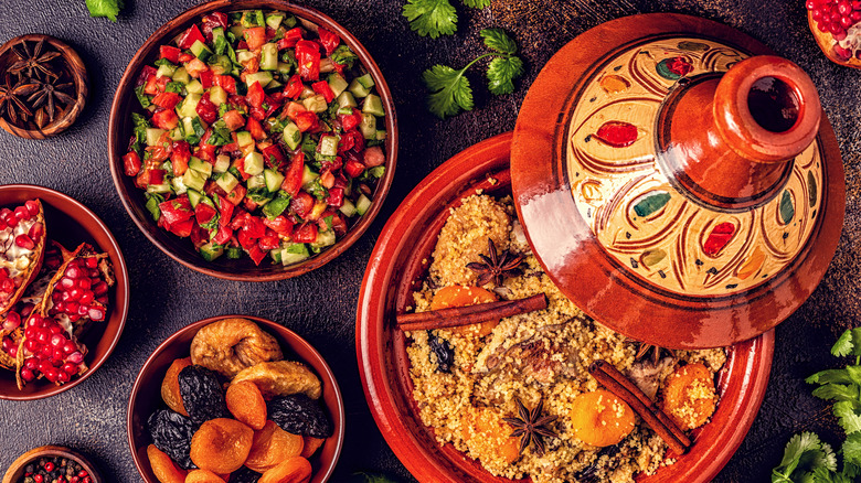 Beautiful Moroccan food in colorful dishes