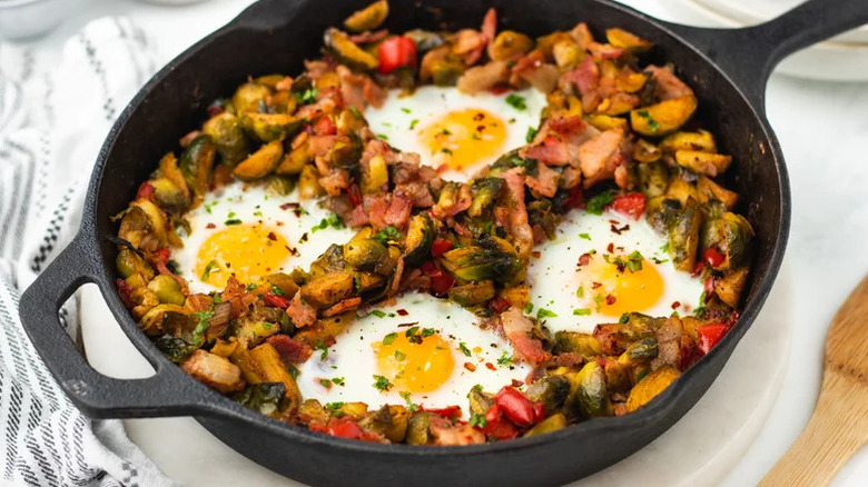 Bacony Brussels Sprouts Hash in cast iron skillet