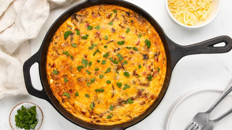 Vegetarian Black Bean Southwest Frittata in cast iron skillet