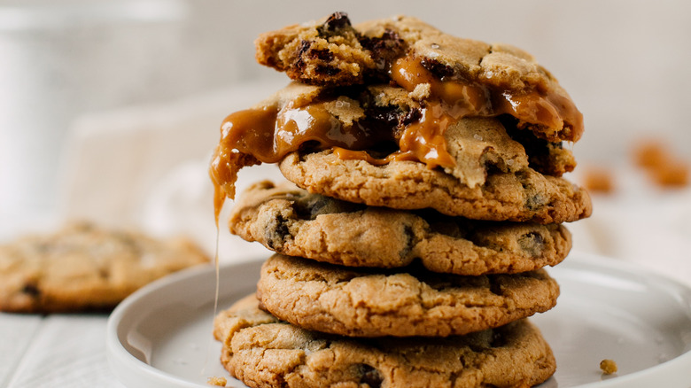 Stack of chocolate caramel cookies